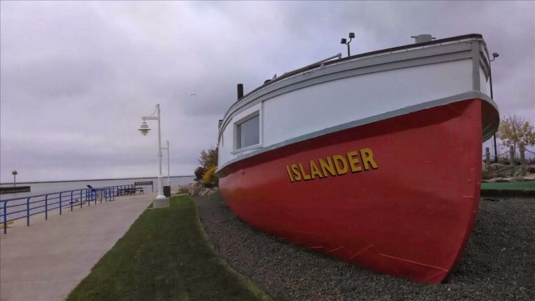 Islander displayed on shore of Sheboygan River, Wisc.