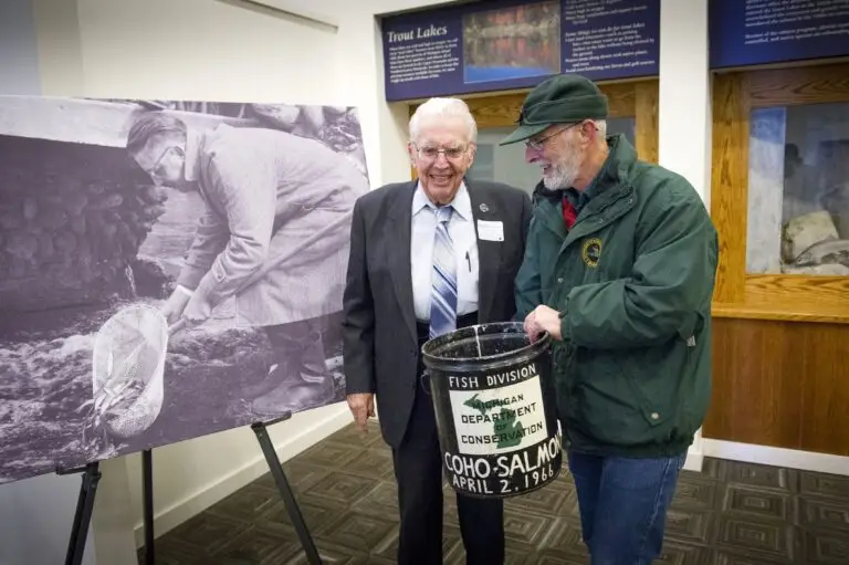 Celebrating Dr. Howard Tanner 50th Anniversary celebration honoring Dr. Howard Tanner who was the driving force that introduced Salmon to the Great Lakes. Platte River State Fish Hatchery, Beulah Mi.